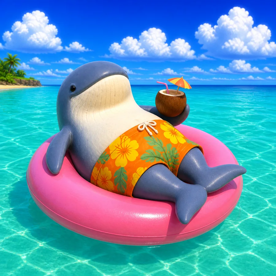 wale floating on a pink ring with a coconut drink