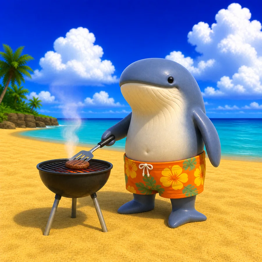 wale flipping food on a beach barbecue