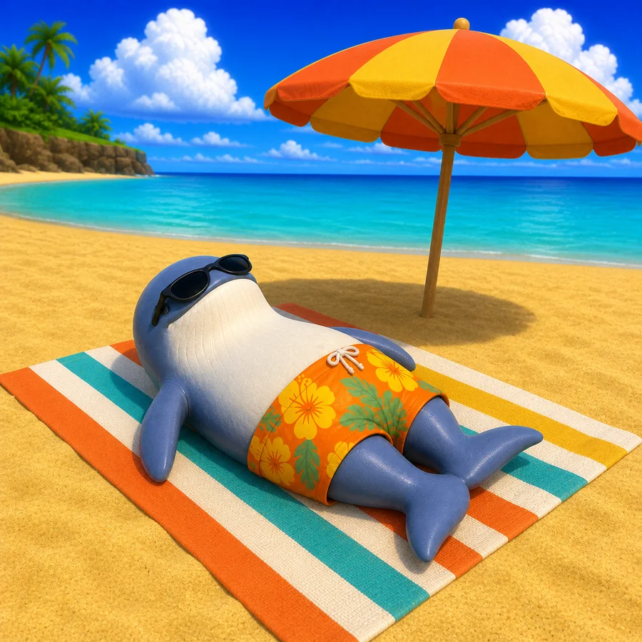 wale asleep on a towel under a parasol